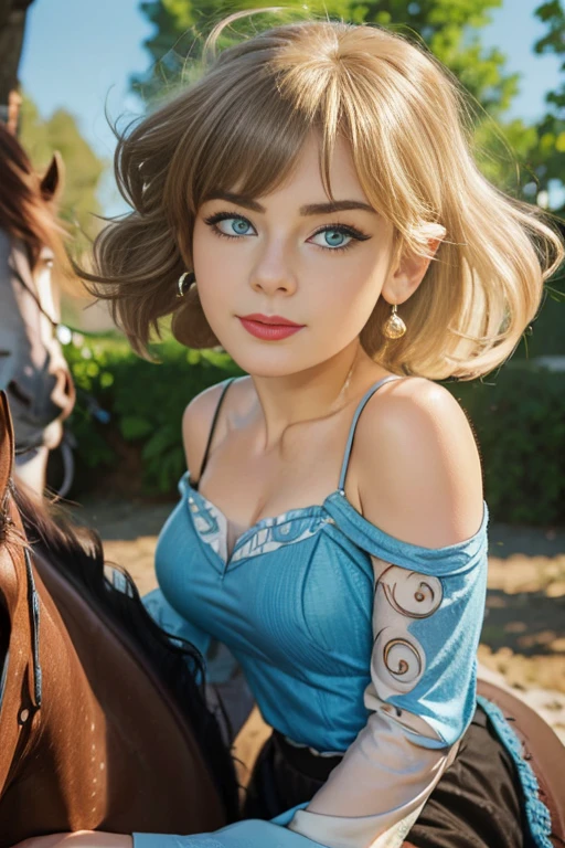 (The best quality, 4k, 8K, High Resolutions, masterpiece:1.2), Ultra detailed, detailed face, detailed lips and eyes......, nice makeup , attractive appearance, Expressive face, realistic,
TO BREAK  Loud ,beautiful caucasian woman with shoulder length messy wavy blonde hair,short blonde hair , brown eyebrows, big blue eyes, light skin, slim and athletic, hair covering one eye,
TO BREAK (horse riding), (dynamic  pose), beautiful outfit  ,nice smile,  Soft sunlight illuminating the scene, Subtle movement of the wind in the hair, cheerful expression, gloomy atmosphere, suave, Natural lighting that emphasizes your features......, Subtle shadows that add depth and dimension to the image......, ( teenager) , posing sexy , nice makeup , red lips , blue eyeshadow , full body , modelo 18 year old teenager , 1 teenager , Lori Loud , beautiful outfit