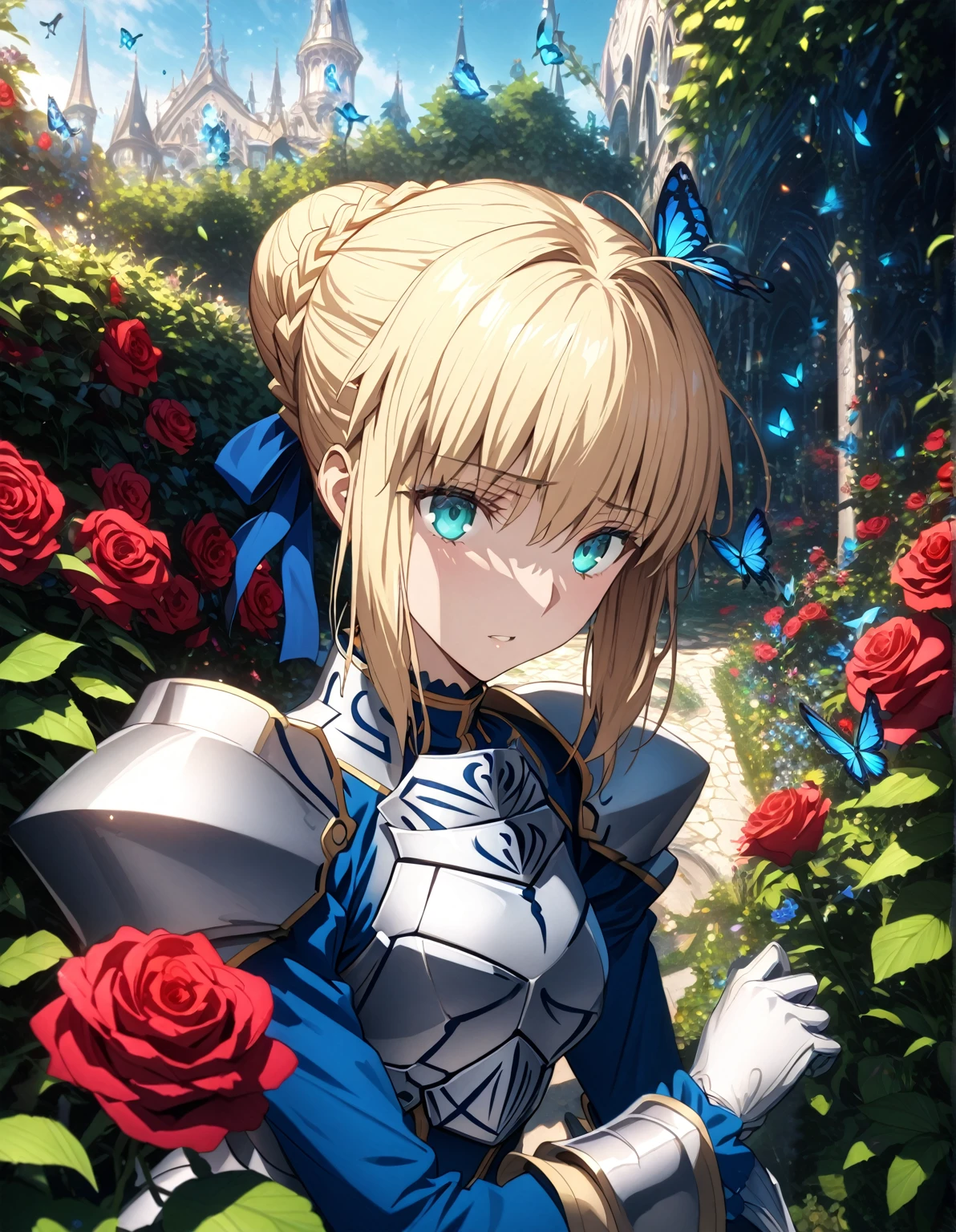 absurdres, highres, ultra detailed, HDR, master piece, Artoria Pendragon, blonde hair tied in a bun, expressive turquoise eyes, Saber, blue dress, extremely beautiful, sexy woman, best quality, Fate Grand Order, garden, fantasy, magical, sensual, glittering, accessories, silver armor, blue ribbon, blue magic, blue butterflies, red roses, silver gloves,