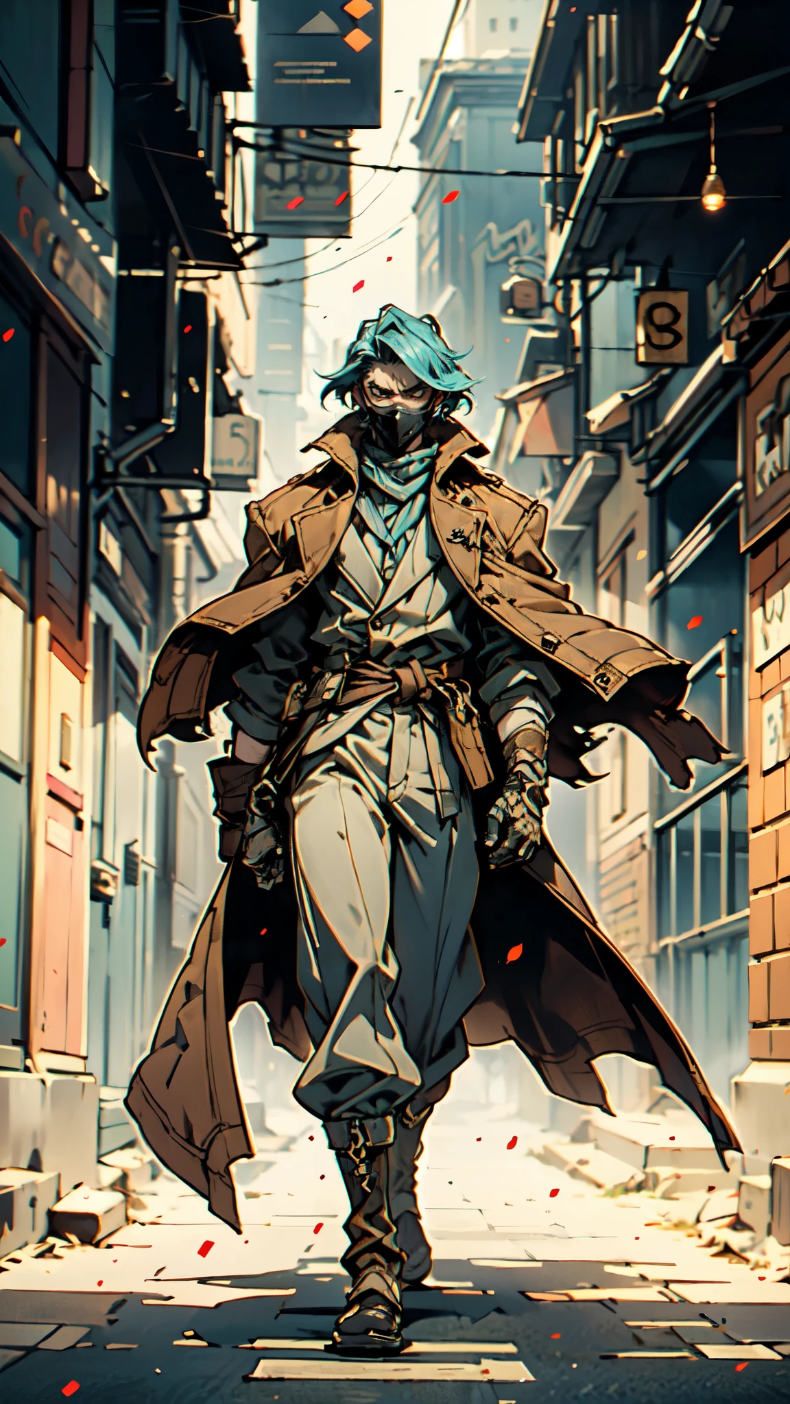 (masterpiece:1.2, best quality:1.2, extremely delicate:1.2), ((male:1.5)), a man with disheveled short cyan hair, wearing a mask that reveals sharp eyes, a sturdy build, an open tattered fantasy-style long coat with its hem billowing in the wind, his arms are marked with vertical stripes, his hands are wrapped in bandages, several layers of cloth are tied around his waist, coarse burlap pants, cloth shoes, walking through a dark street lit by only a few lights, this character embodies a finely crafted fantasy-realism style spy in anime style, exquisite and mature manga art style, dramatic, high definition, highres, ultra-detailed, ultra-fine painting, professional, perfect body proportions, golden ratio, anatomically correct, symmetrical face, extremely detailed eyes and face, high quality eyes, creativity, RAW photo, UHD, 32k, Natural light, cinematic lighting, (masterpiece-anatomy-perfect:1.2)