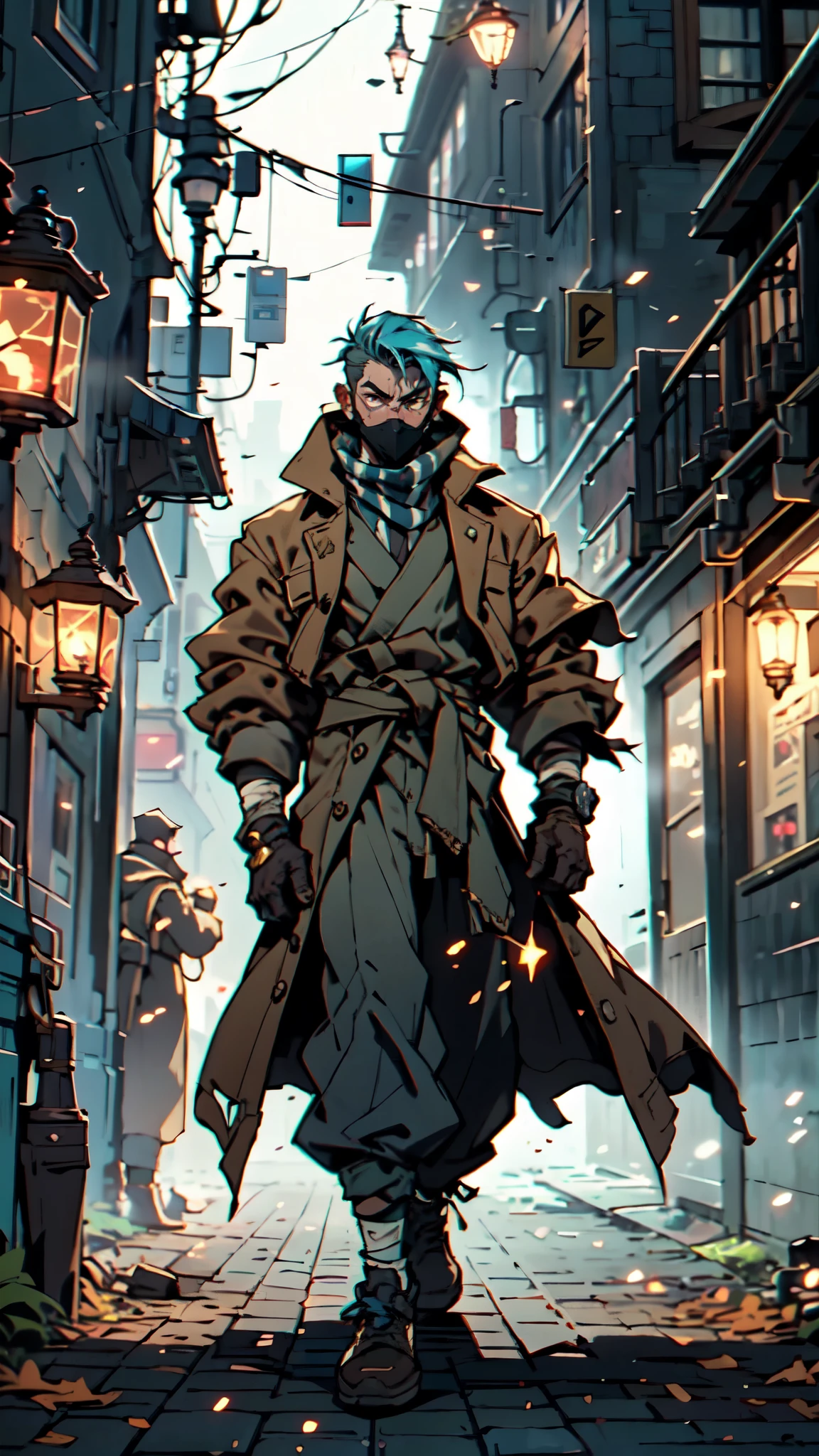 (masterpiece:1.2, best quality:1.2, extremely delicate:1.2), ((male:1.5)), a man with disheveled short cyan hair, wearing a mask that reveals sharp eyes, a sturdy build, an open tattered fantasy-style long coat with its hem billowing in the wind, his arms are marked with vertical stripes, his hands are wrapped in bandages, several layers of cloth are tied around his waist, coarse burlap pants, cloth shoes, walking through a dark street lit by only a few lights, this character embodies a finely crafted fantasy-realism style spy in anime style, exquisite and mature manga art style, dramatic, high definition, highres, ultra-detailed, ultra-fine painting, professional, perfect body proportions, golden ratio, anatomically correct, symmetrical face, extremely detailed eyes and face, high quality eyes, creativity, RAW photo, UHD, 32k, Natural light, cinematic lighting, (masterpiece-anatomy-perfect:1.2)