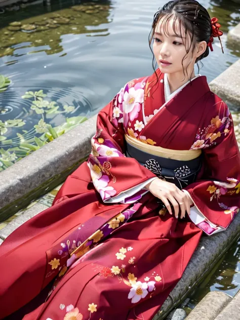 realistic, long-sleeved kimono, hakama, long hakama, long long-sleeved kimono, floral patterned kimono, wet clothes, soaking wet...