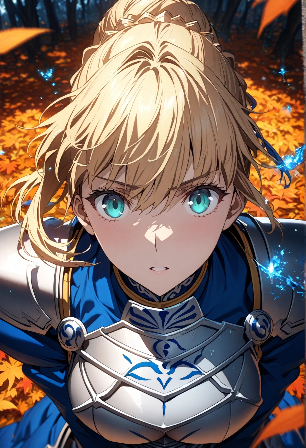 absurdres, highres, ultra detailed, HDR, master piece, Artoria Pendragon, blonde hair tied in a bun, expressive turquoise eyes, Saber, blue dress, extremely beautiful, sexy woman, best quality, Fate Grand Order, orange tree, fantasy, magical, sensual, glittering, accessories, silver armor, blue ribbon, blue magic, autumn, orange leaves, silver gloves, stoic expression