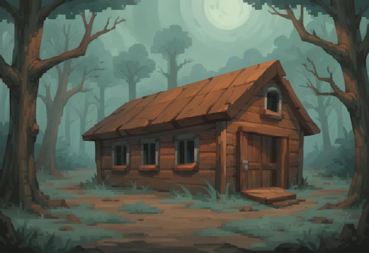 night, old creepy cabin in dark woods, old and decrepit, shattered windows, menacing appearance, moody forest looming in the background, cabin enveloped in shadows, inspired by PS1 graphic style with pixels, design with 90s video game graphic style with pixels
