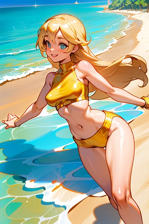 Sexy Busty Voluptuous skimpy Buff Muscular athletic Smiling cheerful suntanned Disney's Princess Cinderella with very long down loose blonde hair down to her hips and wearing shiny sparkling blue on the beach on a hot sunny summer day by the lake 