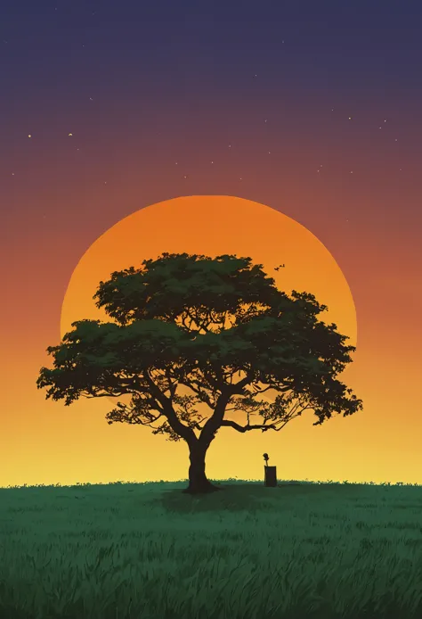 (minimalism:1.4), draw a simple tintin style art of a lonely orange fruit tree sunset clouds , studio ghibli art, miyazaki,  , m...