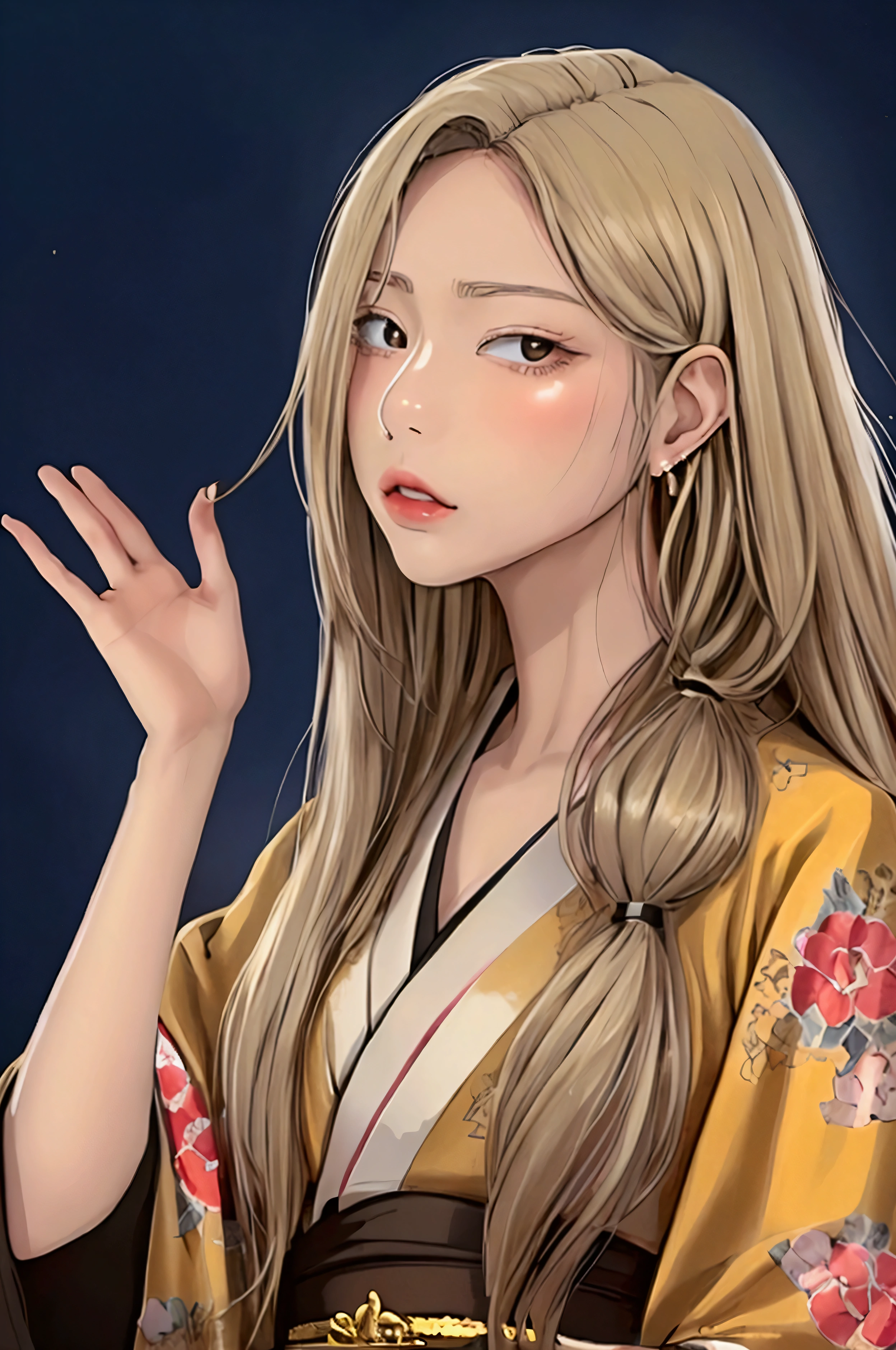 (masterpiece), ((Highest Quality)), (super detailed), 1 girl, Blonde longhair, kimono, clave, brown eyes, Perfect hands, Perfect hands, Hand Details, Corrected Fingers. earrings, Night Store + Background, up looking_in_viewer, Cowboy Shot, of the highest quality, rich detail, Perfect image quality,