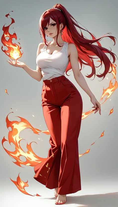 erza scarlet from fairy tail, standing confidently and facing forward, wearing her clear heart clothing. erza has long, flowing ...