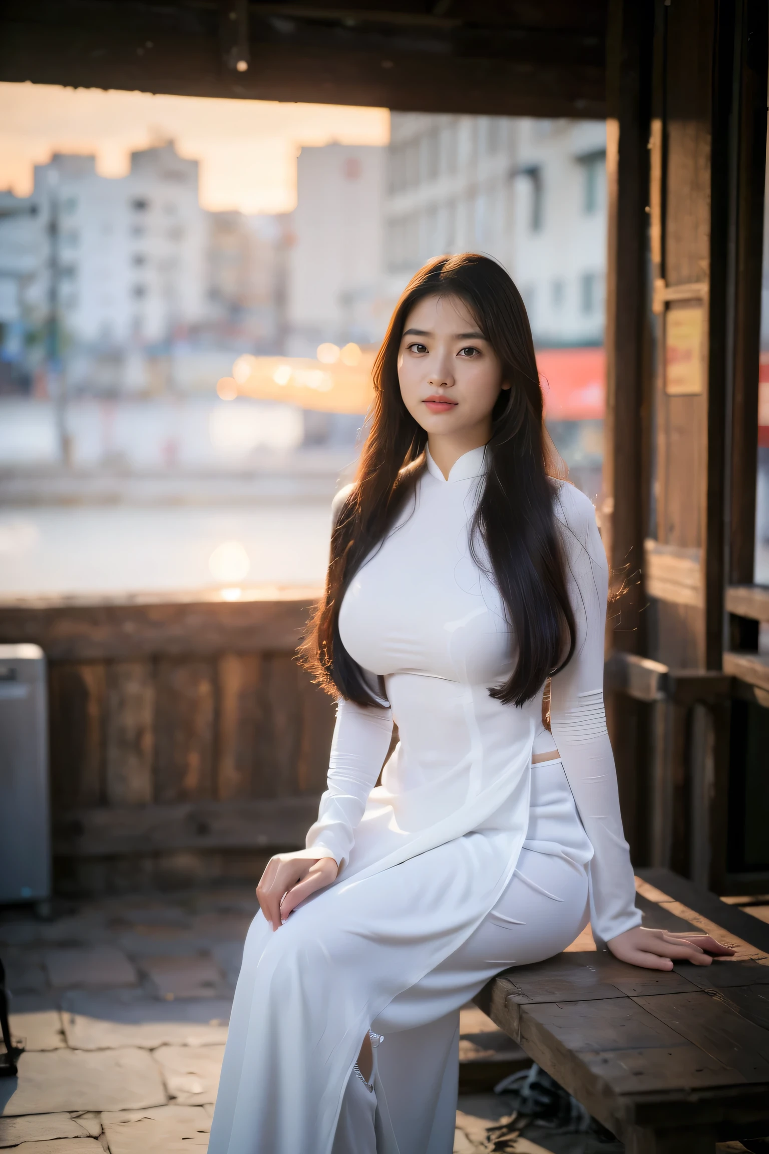 ((1 jeune fille vietnamienne portant un ao dai, corps potelé, visage réaliste avec de nombreux détails, Visage d'Asie du Sud-Est, visage symétrique, Belle femme, seins ronds, seins fermes, gros seins, Super grand , grand rond , photos détaillées de haute qualité, Qualité photo 8K, corps potelé, clivage, corps entier, Photos grand angle, séance, deep clivage, Super grand , séance in the wings at the same time of sunset))