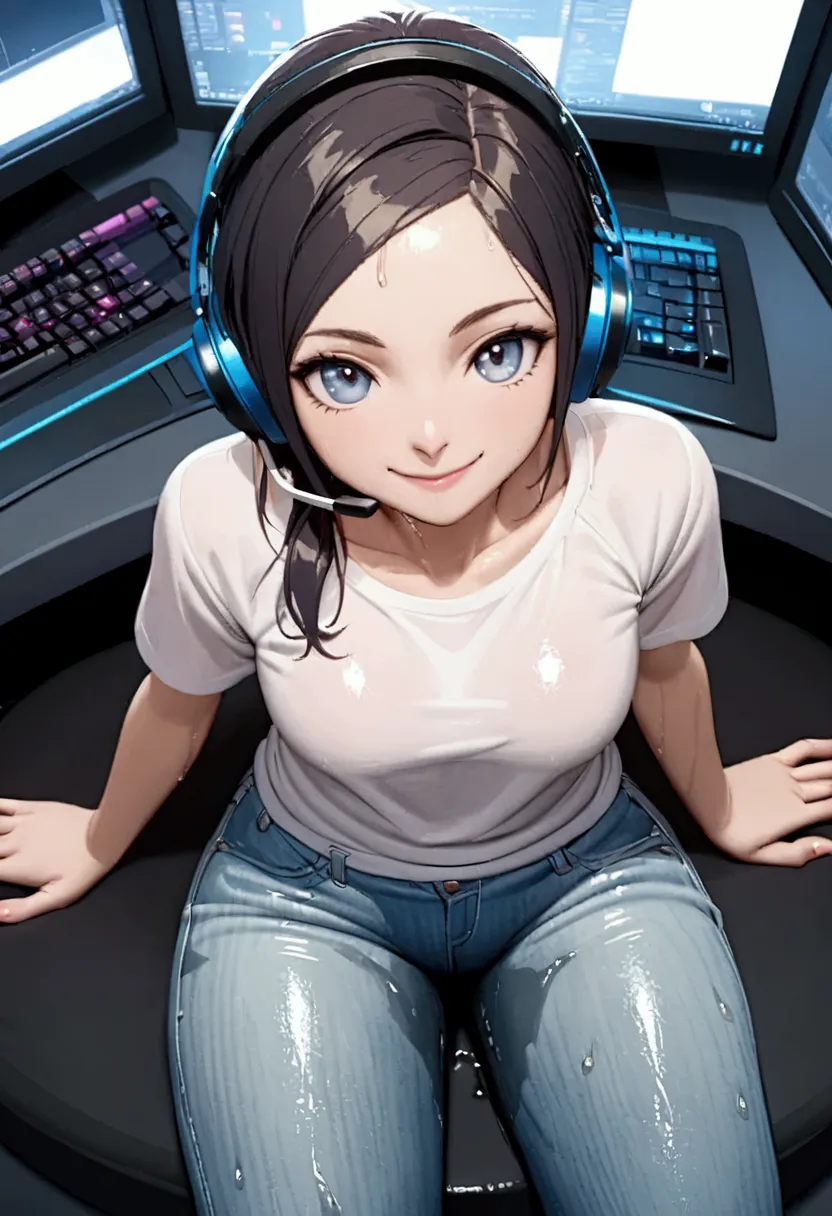 streamer, smile, wet jeans, sitting, headset, from above, looking at computer