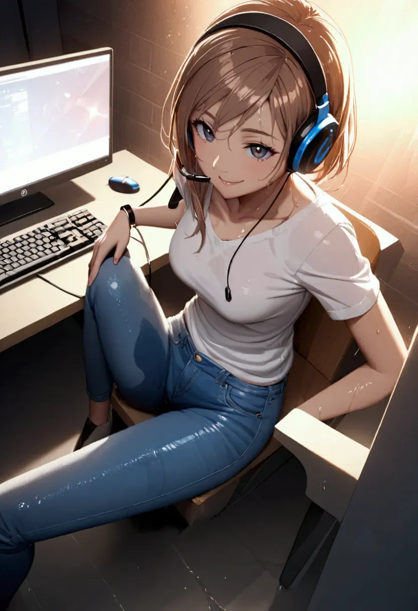 streamer, smile, very wet jeans, sitting, headset, from above, looking at computer