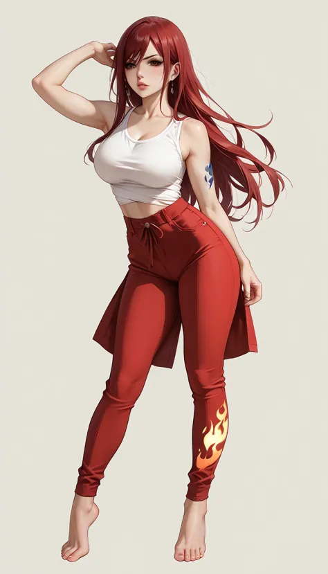 erza scarlet from fairy tail, standing confidently and facing forward, wearing her clear heart clothing. erza has long, flowing ...