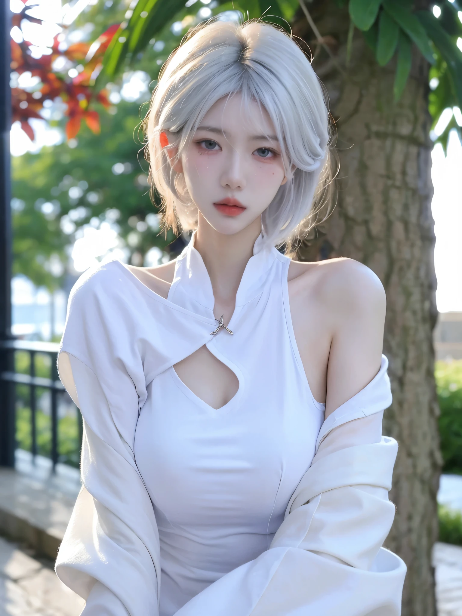 High quality，2k，Beautiful woman，（（Vision：1.4）），Snow-white and translucent skin，Cold and ruthless expression，Have a perfect body：1.4，Layered Hairstyle，Prominent cleavage，（（：Huge breasts：1.5）），whole body，Highly detailed face and skin texture，Double eyelids，Skin Whitening，Long white hair