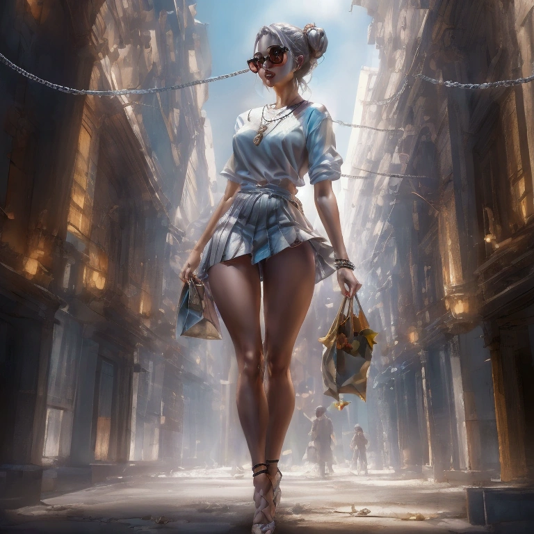 Highly detailed, high quality, masterpiece, 1 woman, walking down the street, shopping bag in both hands, happy expression, brown hair, tied into a messy bun, (casual wear: 1.1), white t-shirt, short skirt, high heels, light makeup, (silver necklace: 1.2), sunglasses on the head, holding flowers, people and storefront in the background, outdoors, sunny day.