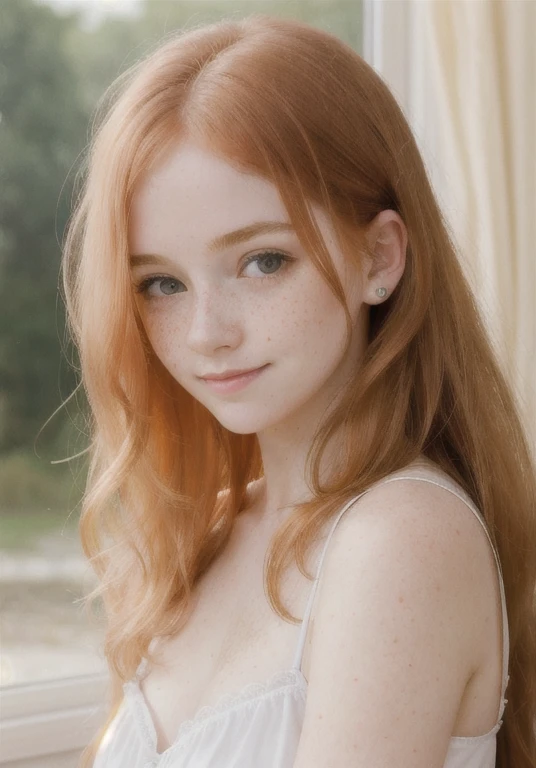 (best quality, high-quality, masterpiece:1.2, portrait, 4k full HD, half body photo) of (young girl), (redhead girl, pale skin, freckles, long hair, light smile, blushing), (beautiful girl:1.2, cute face), (most detailed photography, HD wallpaper),nsfw,girl,blonde,pony-tail hair,,bed,lying,