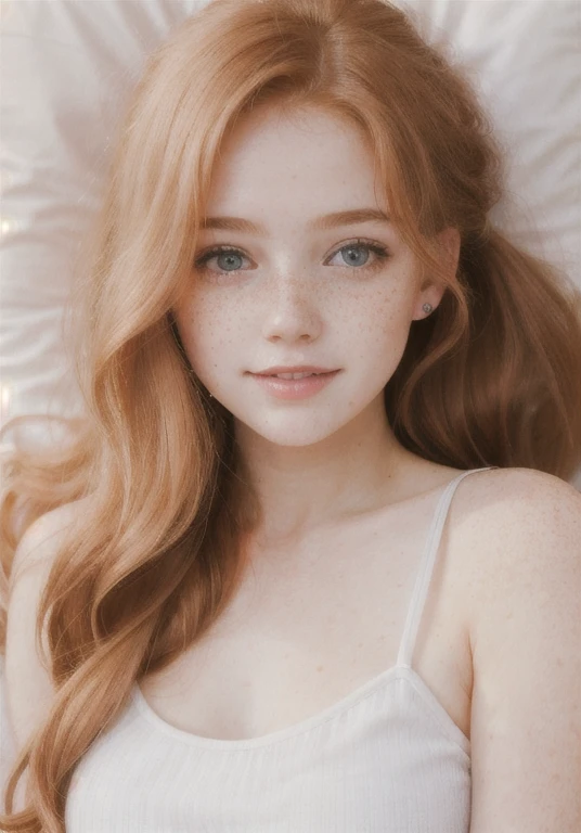 (best quality, high-quality, masterpiece:1.2, portrait, 4k full HD, half body photo) of (young girl), (redhead girl, pale skin, freckles, long hair, light smile, blushing), (beautiful girl:1.2, cute face), (most detailed photography, HD wallpaper),nsfw,girl,blonde,pony-tail hair,,bed,lying,