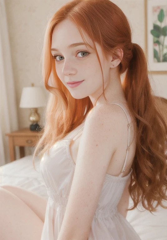 (best quality, high-quality, masterpiece:1.2, portrait, 4k full HD, half body photo) of (young girl), (redhead girl, pale skin, freckles, long hair, light smile, blushing), (beautiful girl:1.2, cute face), (most detailed photography, HD wallpaper),nsfw,girl,blonde,pony-tail hair,,bed,lying,