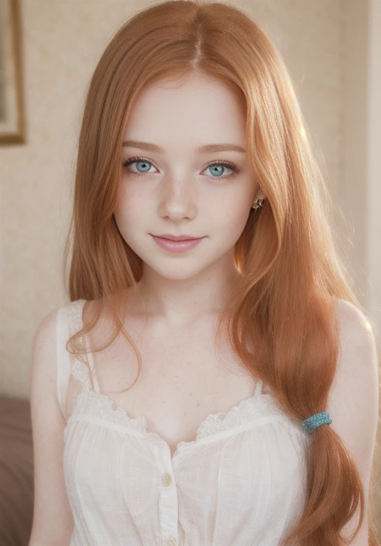 (best quality, high-quality, masterpiece:1.2, portrait, 4k full HD, half body photo) of (young girl), (redhead girl, pale skin, freckles, long hair, light smile, blushing), (beautiful girl:1.2, cute face), (most detailed photography, HD wallpaper),nsfw,girl,blonde,pony-tail hair,,bed,lying,