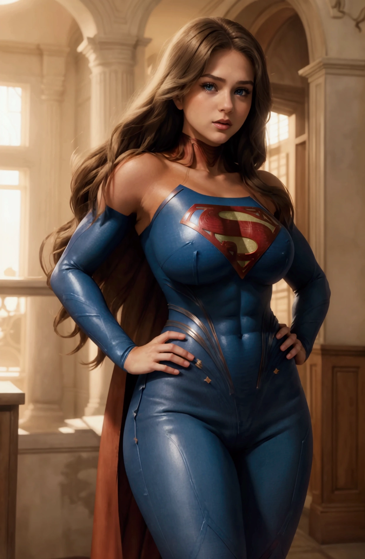 supergirl, from the game injustice 2, blonde hair and, blue eyes, big tits, beautiful, perfect proportion of the face), professional, high level of detail, Full body photo of the blonde (attractive 2 woman:1.3), (elegante stylish haircut)1.3, 1.455, natural lighting, (seductive:1.1), (Blush:1.1 ), (elegant, elegant, dandy)1.2, (big natural breasts)1.2 (slot machines)1.2, (toned body, hourglass body shape) (thick toned thighs), (Full body with face and eyes visible)1.5, jaw-dropping beauty, ((beautiful young woman. fitness model)), wearing a sexy supergirl costume, from the game injustice, blond hair and, blue eyes, delicate detailed, Cutes, a perfect proportion of the face), Looking_at_viewer, Perfect Body, whole body, Alone, long hair, Colossal, Looking at the viewer, big breasts and medium brown hair, Pale, clear and white, plain tank top with ruffles, long, tight blue jeans, slightly ripped shorts., pose elegant, 