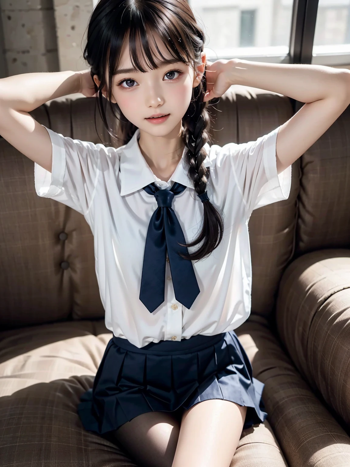 ８ｋ、High resolution、beautiful girl、Slender body、young、White skin,、Narrow eyes,High nose,Facial lighting、Clear images、Intellectual beauty、skinny、No makeup、,Cute pose,Thin arms,(Flat Chest:0.3),,Black Hair,Braiding,Raise your arms high,Laughing with your mouth open,Childish,Sailor suit,Small Ass,Thin legs,Sit with your legs slightly apart,Navy blue mini skirt、indoor,Sitting deep on the sofa bed,Navy blue tie,White blouse,White Panty