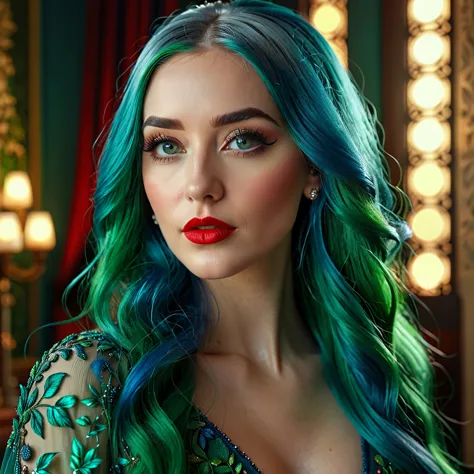 a woman with long blue and green hair, detailed facial features, beautiful long eyelashes, detailed realistic eyes, full red lip...