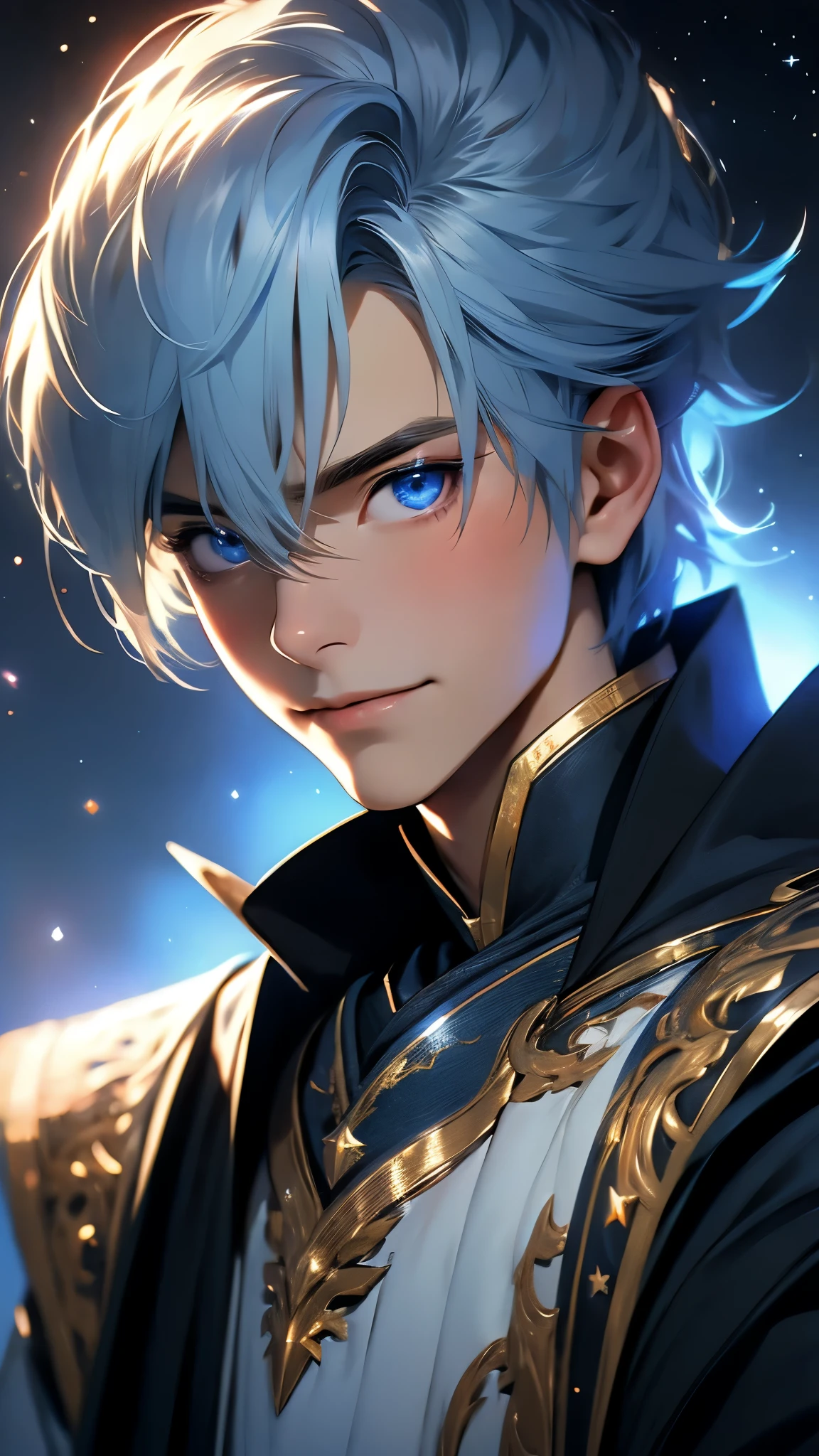 envision a 8k, highres, cinematic, detailed, semi realistic close up portrait of a sharp Japanese boy, long blue hair, blue eyes, wide confident smile, starry armor, shining armor, tall cape, (((1boy))), in dark lighting, against a dark background