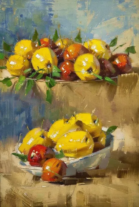 a still life painting of fruits ((oil painting))(((masterpiece)))