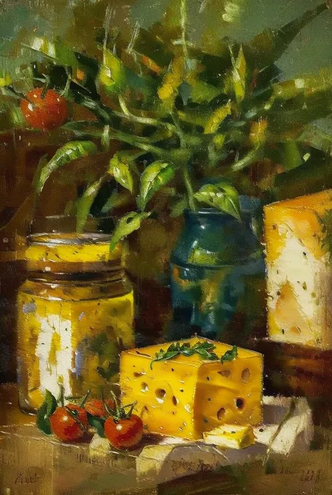 a still life painting of cheese, tomato, basil, and olive oil, ((oil painting))(((masterpiece)))