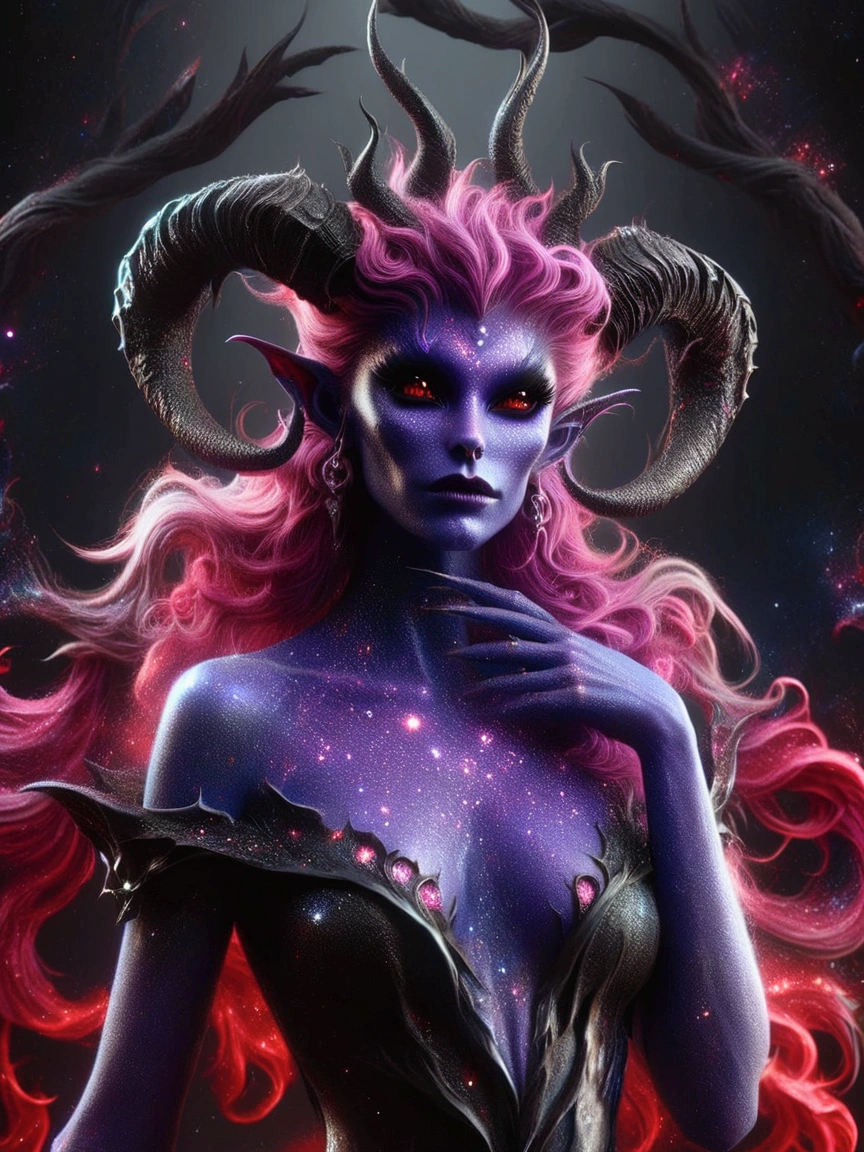 arafed woman with horns and a purple dress posing for a picture, beautiful elegant demon queen, hyperdetailed fantasy character, 3 d render character art 8 k, portrait of a dark fantasy nymph, white horns queen demon, dark sorceress full view, 8k high quality detailed art, diablo 4 lilith, dark elf princess, Artstation contest winner