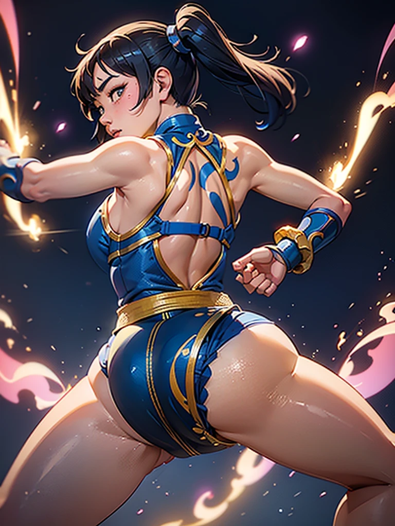 Mongolian Girl, 12, Chun Li Outfit, Leotard, ((Facing Backwards, Slapping Her Buttocks with her left hand))