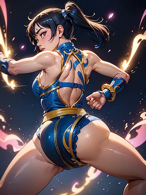 mongolian girl, 12, chun li outfit, leotard, ((facing backwards, slapping her buttocks with her left hand))