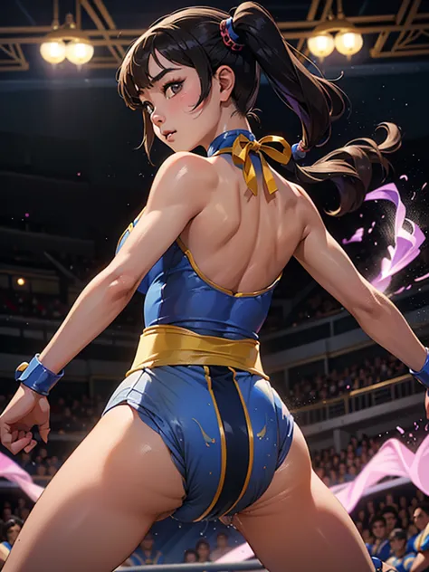 mongolian girl, 12, chun li outfit, leotard, ((facing backwards, slapping her buttocks with her left hand))