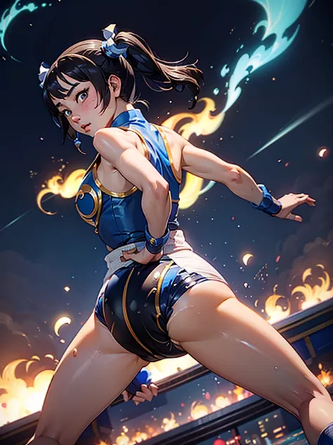 mongolian girl, 12, chun li outfit, leotard, ((facing backwards, her left hand on her buttocks))