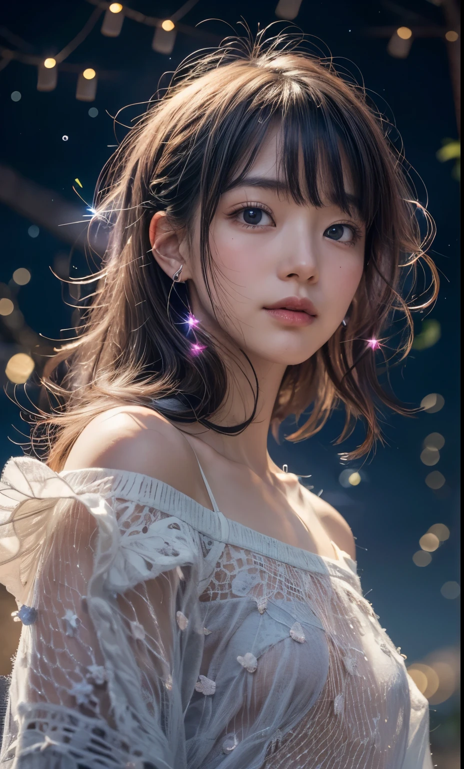 Focus on starry sky of summer. A Japanese woman gazing up at a night sky filled with twinkling stars. She is wearing a seer white off shoulder shirt and her face, slightly blurred by the darkness, shows a subtle smile. The scene is serene and enchanting, with a focus on the starry sky and the gentle glow of the blouse contrasting against the dark background. The image should be realistic with a calm, tranquil atmosphere, and the stars should be clearly visible and bright against the dark night sky. (Raw photo:1.2), (Photorealsitic), Beautiful detailed,  (Real: 1.4), extremely detailed eye and face, beatiful detailed eyes, super wide lens shot from below