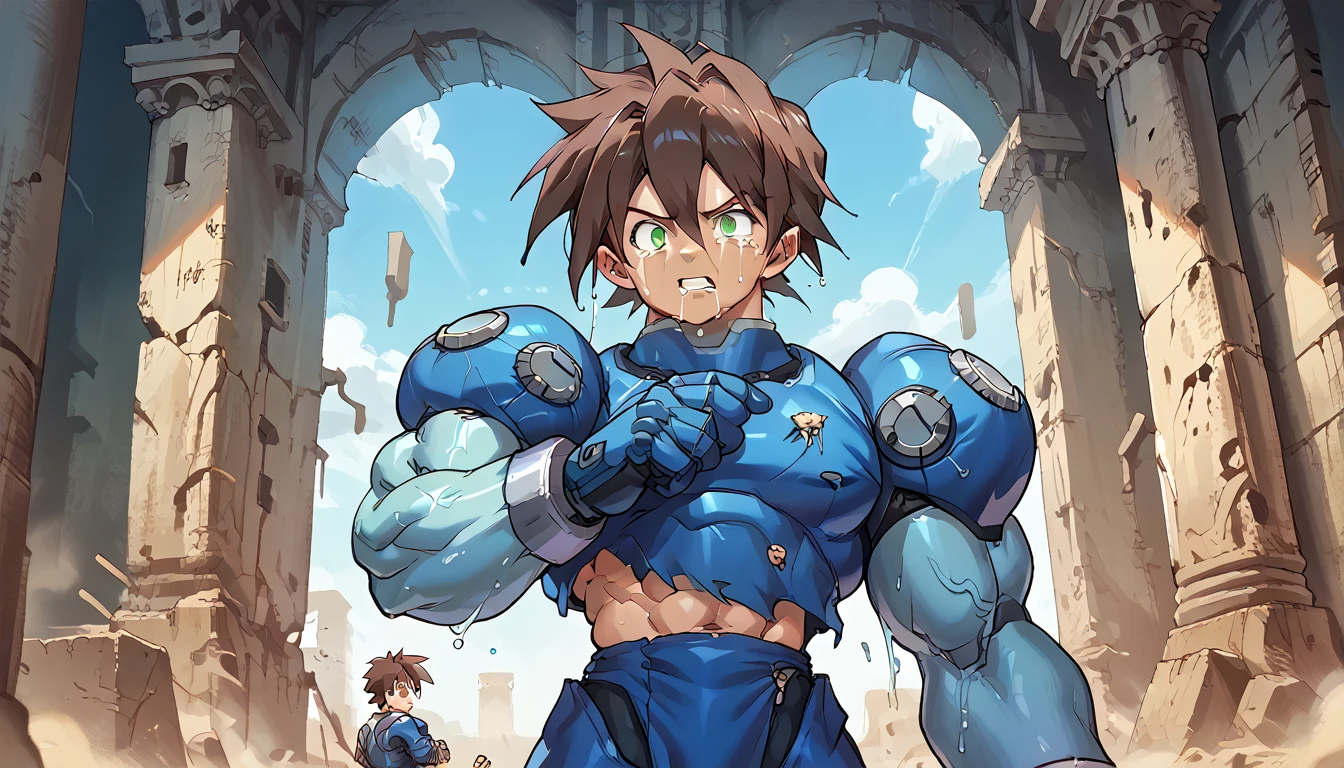 Highest quality,RAW Photos,Professional Art Works,m3g4m4n,Blue Armor,Muscular,Brown Hair, boy,male focus, brown hair, green eyes, Alone, android, hair between eyes,Ancient ruins with floating red and green crystals,Crying face,(((Huge muscles,Huge erect penis,Have sex))),Excessive sweating and drooling,Massive ,3boys,