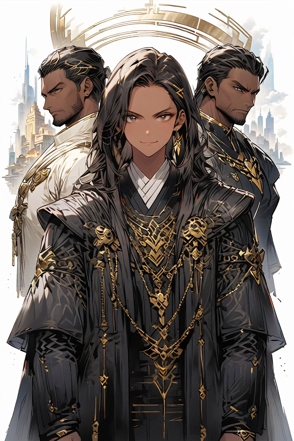 
Personality: Gentle, loyal, and protective, bodyguard of an important figure.
Setting: Luxurious mansion of a magnate, with guards at every corner.
 1 mulher man, fantasia, SCI-FI, Serious Expression, muscular, (Androgynous facial features), upper body,smile,((city background)),