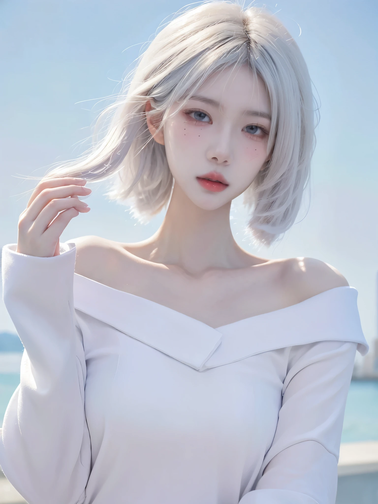 High quality，2k，Beautiful woman，（（Vision：1.4）），Snow-white and translucent skin，Cold and ruthless expression，Have a perfect body：1.4，Layered Hairstyle，whole body，Highly detailed face and skin texture，Double eyelids，Skin Whitening，Long white hair