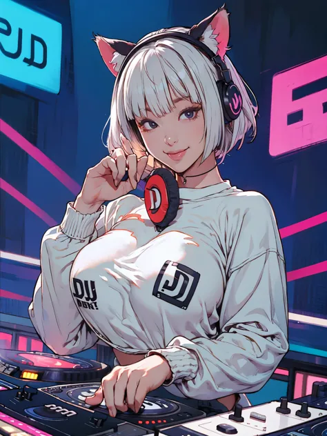 girl, (huge breasts:1.2), headphone, white bob hair, blunt bangs, cat ears, looking at viewer, smile, closed mouth, long sleeve ...