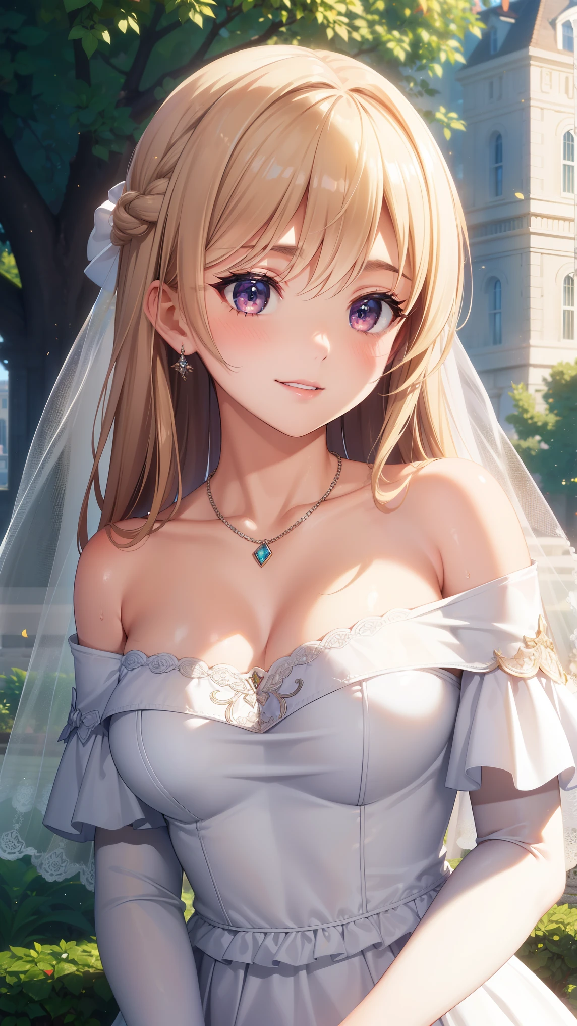 1girl, natural lighting, masterpiece, highly detailed, illustration, game CG, absurdres, high quality, beautiful detailed eyes, glossy lips, natural lighting, medium breasts, klaudia valentz, collarbone, blush, city, garden, (wedding dress), off the shoulder, necklace, jewelry, smile