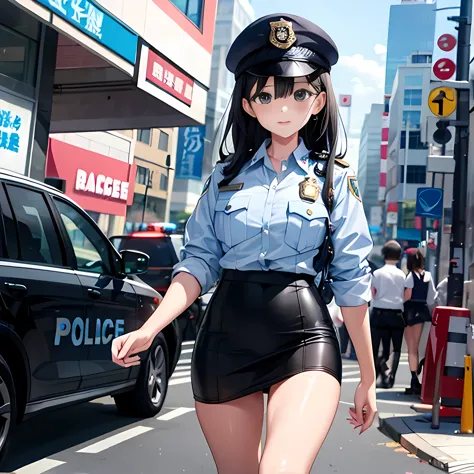 (police officer、black tight skirt、women&#39;s black short boots:1.4))、beauty、spread your legs:1.3、i see your white pants:1.3、smi...