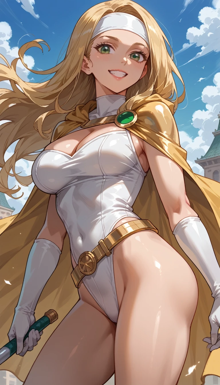 score_9, score_8_up, score_7_up, score_6_up, score_5_up, score_4_up, Sexy, Superheroine, blonde hair, green eyes, long hair, busty, ((White highleg leotard with a t-back thong)), gold belt, gold cape, thin white headband, cleavage cutout, happy expression, ass