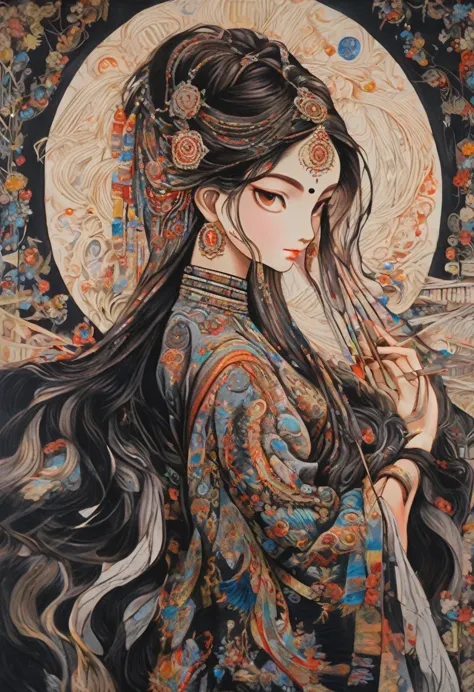 a painting of a woman with long hair and a fan in her hand, korean art nouveau animation, beautiful and exquisite paintings, jan...