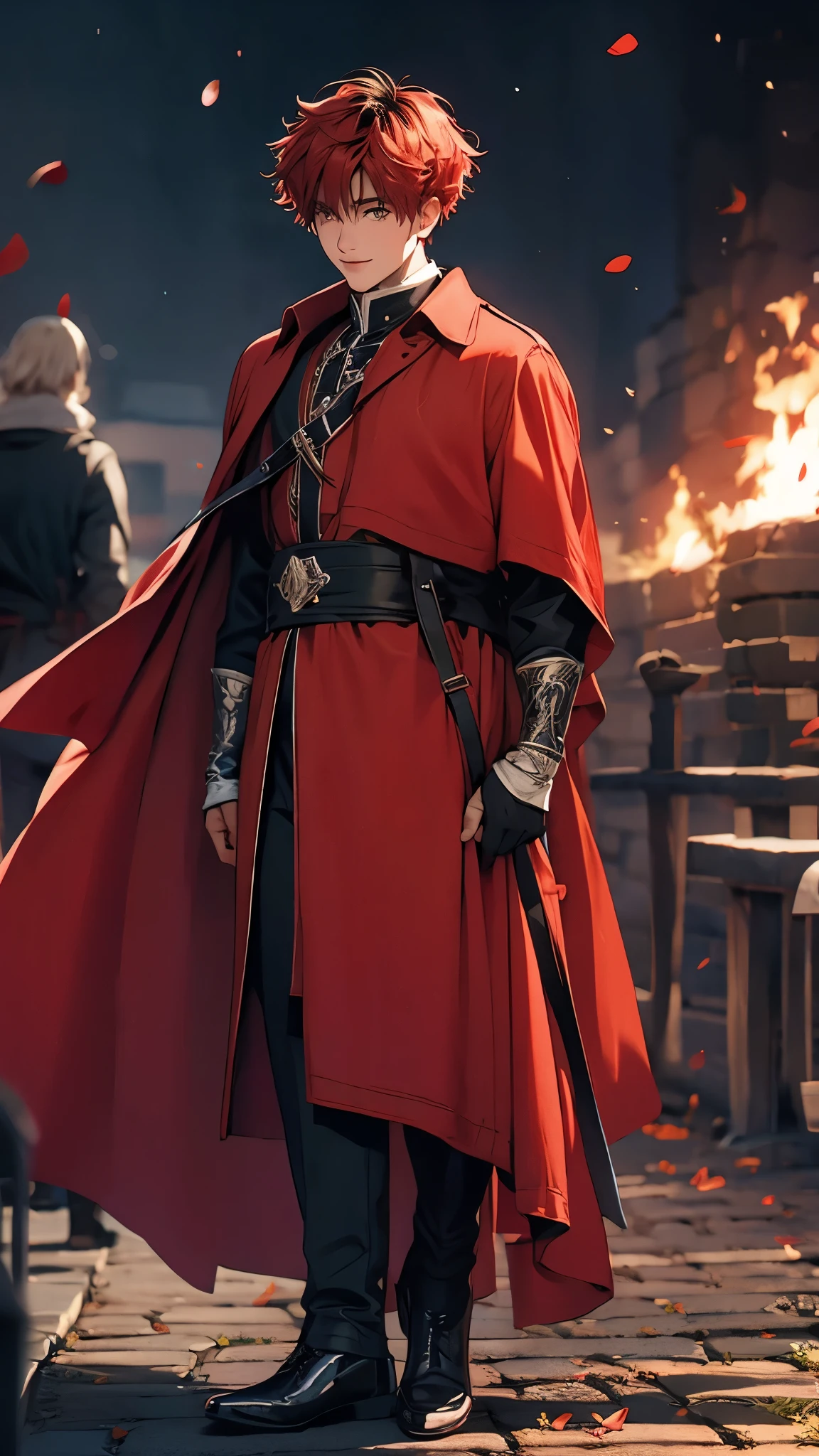 envision a 8k, highres, cinematic, detailed, semi realistic full body pinup of a sharp boy, red hair, red eyes, wide confident smile, Fire armor, shoulder cape, flowy cape, fire, (((1boy))), in dark lighting, against a dark background