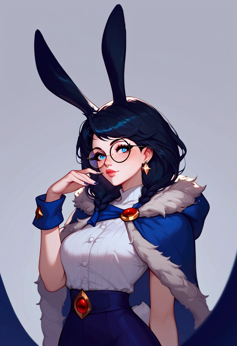 score_9, score_8_up, score_7_up, Aurora (league of legends), 1 girl, blue eyes, black hair, round glasses, bunny ears, freckles, sexy, squinty eyes, earrings, long eyelashes, sexy, pretty face, dressed as Raven (Teen Titans),