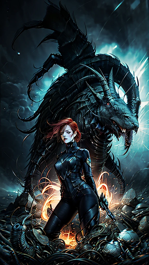 A futuristic, cyberpunk-inspired couple, embodying the Scorpio zodiac sign, standing in a neon-lit alley bathed in a mysterious dark energy. The man, with piercing eyes and a sharp jawline, is dressed in a black, armored ensemble, with subtle scorpion motifs scattered across his clothing, hinting at his Scorpio identity. His hair is styled in a sleek, metallic finish that reflects the glow of the neon lights. The woman, equally captivating, has a fiery red hair, cascading down her back, which seems to be alive with the pulsating energy of a Scorpio's passionate nature. She is adorned in a form-fitting, dark outfit that exposes her tattooed, cybernetically enhanced arms, showcasing her strength and adaptability. Both individuals have a glowing, red aura around them, reminiscent of the sign's ruling planet, Mars. They stand with their arms intertwined, a symbol of unity and deep connection, as the dark energy swirls around them, creating a mesmerizing pattern of shadows and light. In the background, the cityscape is a blend of grungy, dystopian architecture and advanced technology, with holographic ads and flying vehicles weaving through the skyline. The mood is intense and intimate, as the couple seems to draw power from the chaotic yet vibrant world around them, epitomizing the complex and magnetic nature of a Scorpio relationship in the heart of a cybernetic metropolis.