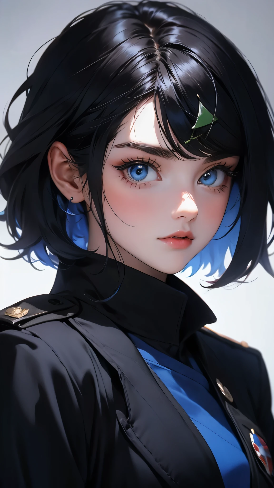 envision a 8k, highres, cinematic, beautiful close up portrait of a sexy lady with a slender body, strong face, strong mature older face, (((short black hair))), multicolored, side locks, long bangs, blue eyes, Liko,, military Lolita dress, military uniform, gloves, cropped jacket, ((((1girl)))), in dark lighting, against a dark gray background