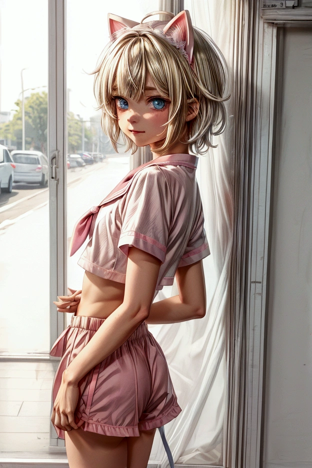 Anime style, Highres, Masterpiece, Best quality at best, Best Quality, hight quality, hight detailed, 1boy, blonde boy, perfect boy body, cute boy, detailed light blue eyes, short hair, messy hair, bangs, pastel rainbow inner hair color mesh, tiny cat ears, shy smile, puffy cat tail, wears pink sailor suit, white mini sailor shirt, boy chest, pink tie, Pink sailor mini shorts, beautiful legs, white stockings over knee, perfect school shoes, perfect boy body, Standing, From behind, sunny afternoon on the street, highest quality,