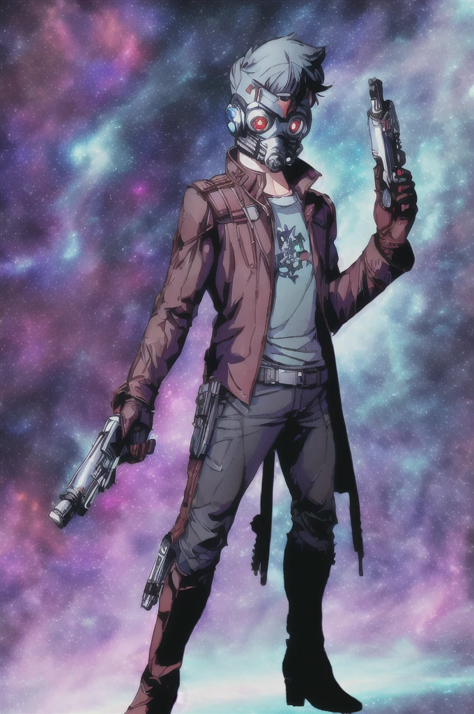 Star_Lord, solo, red eyes, gloves, 1boy, weapon, male focus, boots, coat, gun, mask, glowing, star (sky), holding gun, handgun, science fiction, space, planet, trench coat, energy gun, Touching Dj, Dj music, Spells on hands.