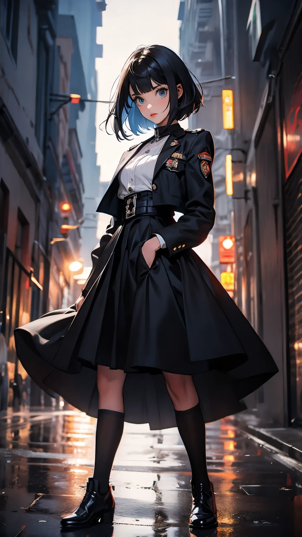 envision a 8k, highres, cinematic, beautiful full body of a sexy lady with a slender body, strong face, strong mature older face, (((short black hair))), multicolored, side locks, long bangs, blue eyes, Liko,, military Lolita dress, military uniform, gloves, cropped jacket, ((((1girl)))), in dark lighting, against a dark gray background