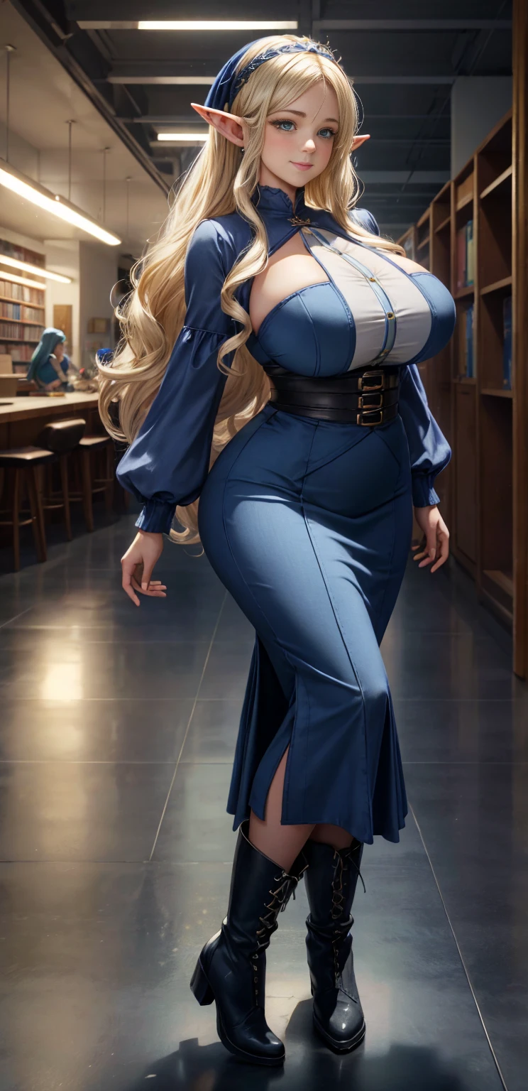 Beautiful, ethereal, solo mature elf woman, (gigantic breasts:1.4), milf, voluptuous, Bimbo, long curly ash blonde hair, soft headband, detailed bright mint green eyes, full lips, seductive, smiling, cute clothing, love handles, huge ass, Best quality, Masterpiece, 4K, cinematic lighting, volumetric lighting, by wlop and ross tran, rendered with octane, luminous studio graphics engine,(knitted shirt) ,(high-waist long skirt), , (long skirt,Navy blue boots,navy blue boots:1.2),,(arms behind back:1.2),((Elf parent and kid, mother and daughter)),,at the library,