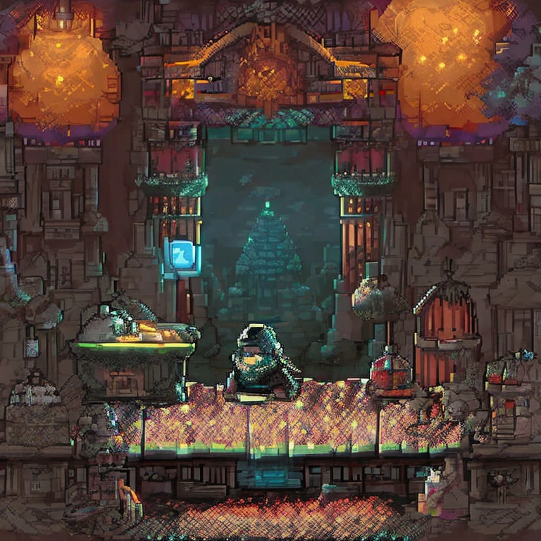 oven with small beard, pixel art, room with games, dim and warm lights, fantasy world decoration, swords, Bows, books, potions, excited, flores, candles, video game, a computer and RGB lights